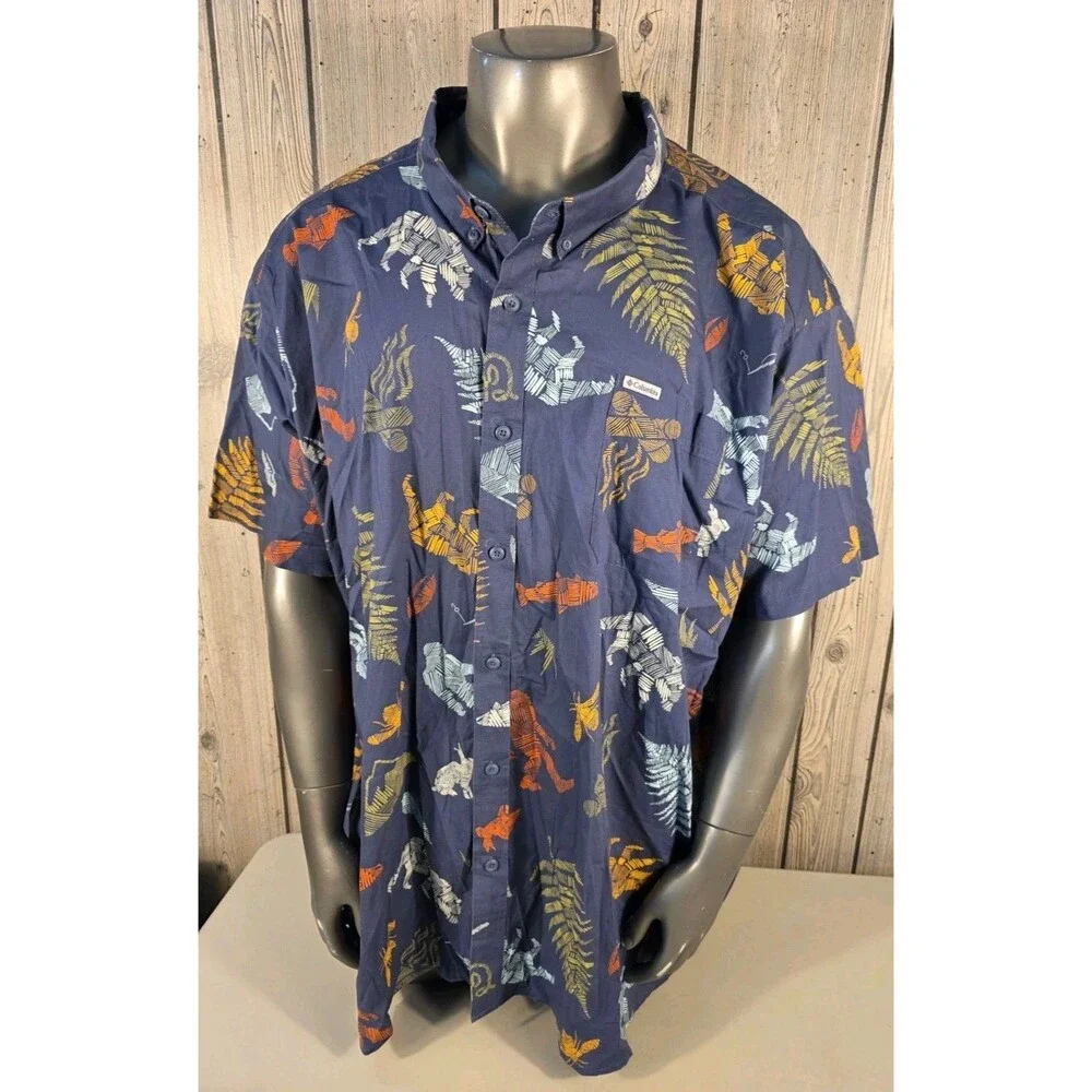 Columbia PFG Bigfoot Fish Print Button Up Shirt Navy 6XL Regular Fit